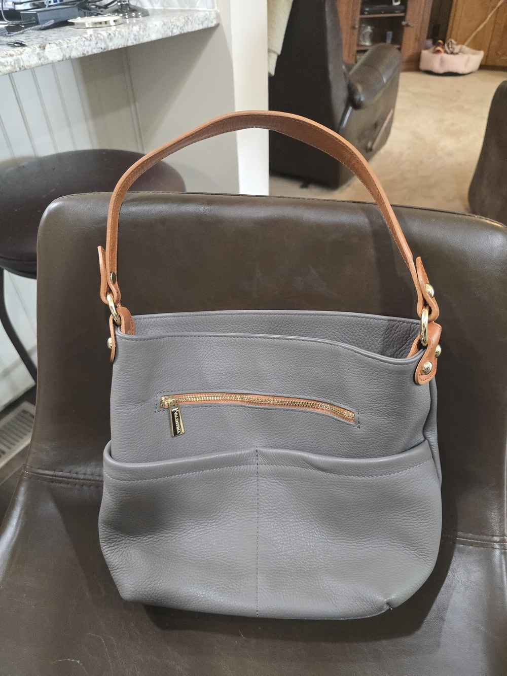 Valentina Gray Hobo Shoulder Bag with Tan Handle
